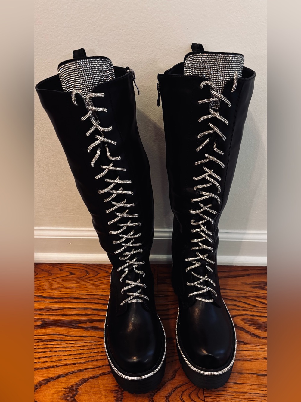 Akira Black Rhinestone Lace-Up Knee Boots